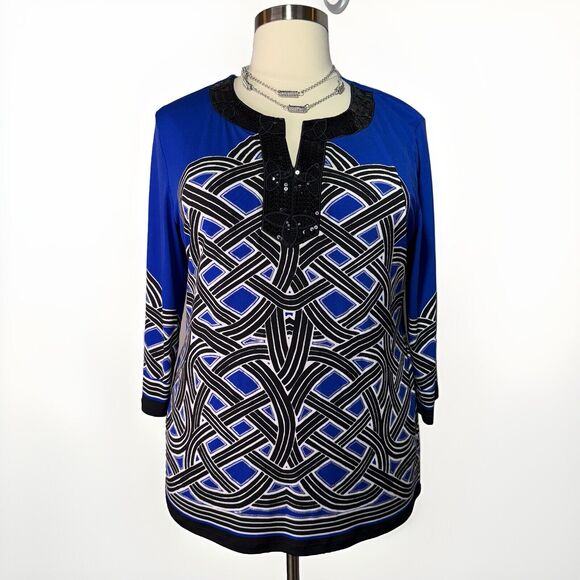 JM Collection Tops - JM Collection XL Tunic Top Blue Black White Geometric Long Sleeve Sequined